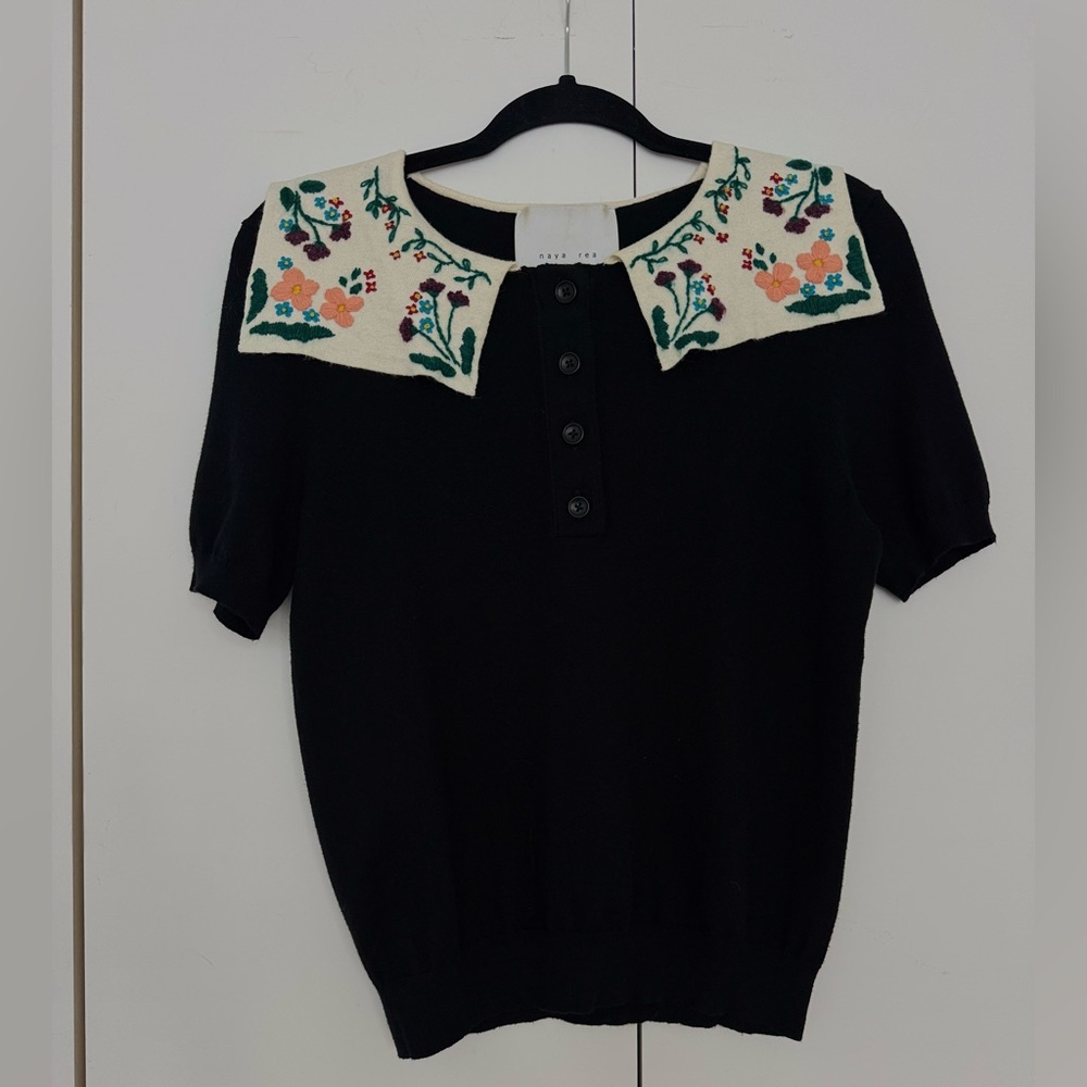 Chic Black Blouse with Embroidered Floral Collar